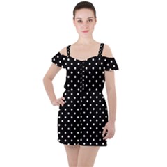 1950 Black White Dots Ruffle Cut Out Chiffon Playsuit