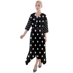 1950 Black White Dots Quarter Sleeve Wrap Front Maxi Dress