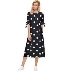 1950 Black White Dots Bow Sleeve Chiffon Midi Dress