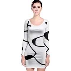 Black And White Abstract Linear Decorative Art Long Sleeve Bodycon Dress