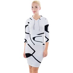 Black And White Abstract Linear Decorative Art Quarter Sleeve Hood Bodycon Dress