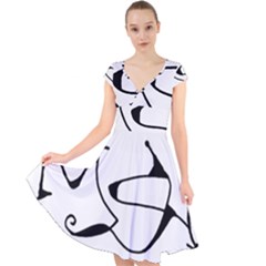 Black And White Abstract Linear Decorative Art Cap Sleeve Front Wrap Midi Dress by dflcprintsclothing