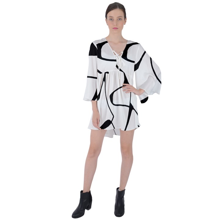 Black And White Abstract Linear Decorative Art V-Neck Flare Sleeve Mini Dress