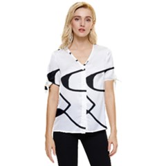 Black And White Abstract Linear Decorative Art Bow Sleeve Button Up Top