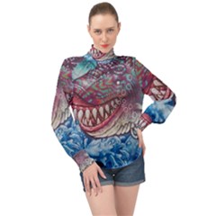 Wth Shark High Neck Long Sleeve Chiffon Top