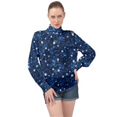 Dark Blue Stars High Neck Long Sleeve Chiffon Top