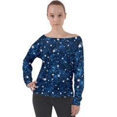 Dark Blue Stars Off Shoulder Long Sleeve Velour Top