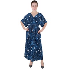 Dark Blue Stars V-neck Boho Style Maxi Dress by AnkouArts