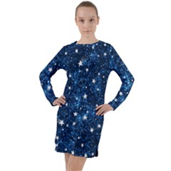 Dark Blue Stars Long Sleeve Hoodie Dress