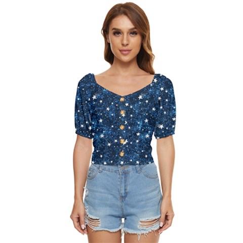 Dark Blue Stars Button Up Blouse by AnkouArts