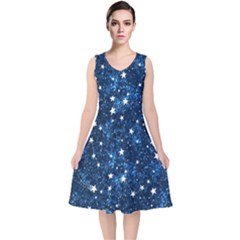 Dark Blue Stars V-neck Midi Sleeveless Dress 