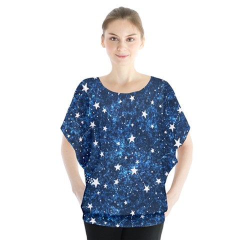 Dark Blue Stars Batwing Chiffon Blouse by AnkouArts