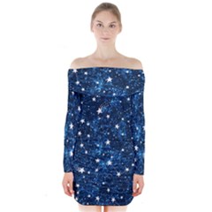 Dark Blue Stars Long Sleeve Off Shoulder Dress