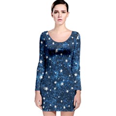 Dark Blue Stars Long Sleeve Velvet Bodycon Dress by AnkouArts