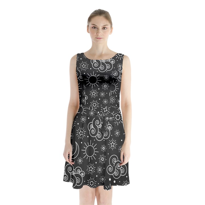 Dark Moon and Stars Sleeveless Waist Tie Chiffon Dress