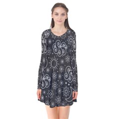 Dark Moon And Stars Long Sleeve V-neck Flare Dress by AnkouArts