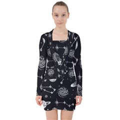 Dark Stars And Planets V-neck Bodycon Long Sleeve Dress by AnkouArts