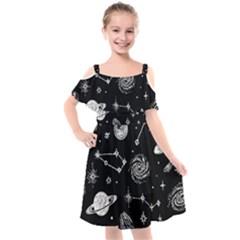 Dark Stars And Planets Kids  Cut Out Shoulders Chiffon Dress by AnkouArts