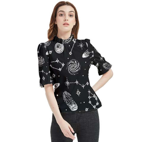 Dark Stars And Planets Frill Neck Blouse by AnkouArts