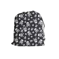 Skull And Cross Bone On Black Background Drawstring Pouch (large) by AnkouArts