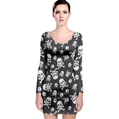 Skull And Cross Bone On Black Background Long Sleeve Bodycon Dress by AnkouArts