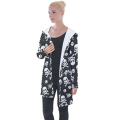 Skull And Cross Bone On Black Background Longline Hooded Cardigan by AnkouArts