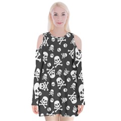 Skull And Cross Bone On Black Background Velvet Long Sleeve Shoulder Cutout Dress by AnkouArts