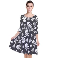 Skull And Cross Bone On Black Background Quarter Sleeve Waist Band Dress by AnkouArts