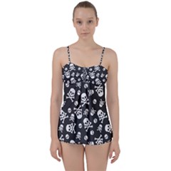 Skull And Cross Bone On Black Background Babydoll Tankini Set by AnkouArts