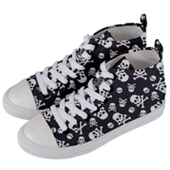 Skull And Cross Bone On Black Background Women s Mid-top Canvas Sneakers by AnkouArts