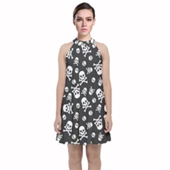 Skull And Cross Bone On Black Background Velvet Halter Neckline Dress 