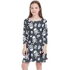 Skull And Cross Bone On Black Background Kids  Quarter Sleeve Skater Dress