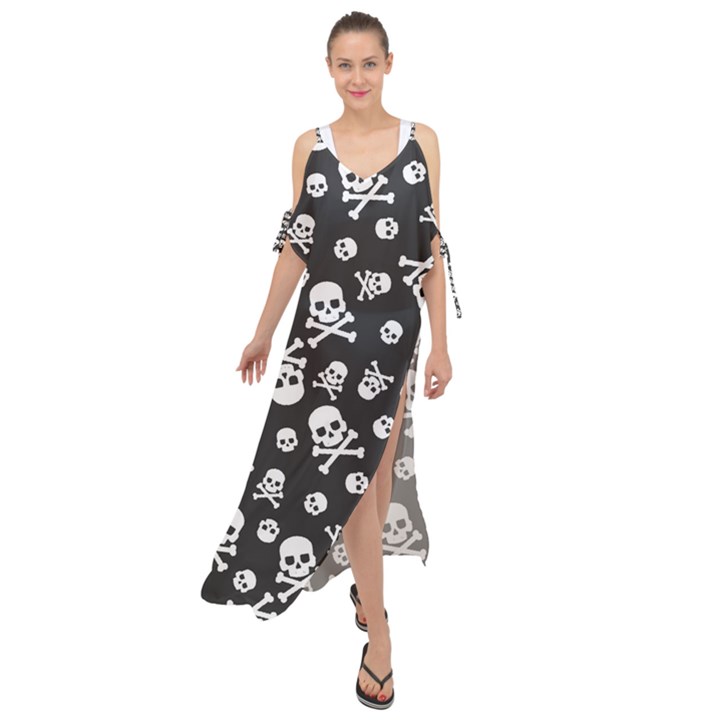 Skull and cross bone on black background Maxi Chiffon Cover Up Dress