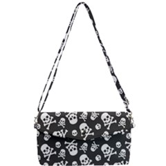 Skull And Cross Bone On Black Background Removable Strap Clutch Bag by AnkouArts