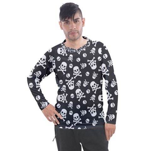 Skull And Cross Bone On Black Background Men s Pique Long Sleeve Tee by AnkouArts