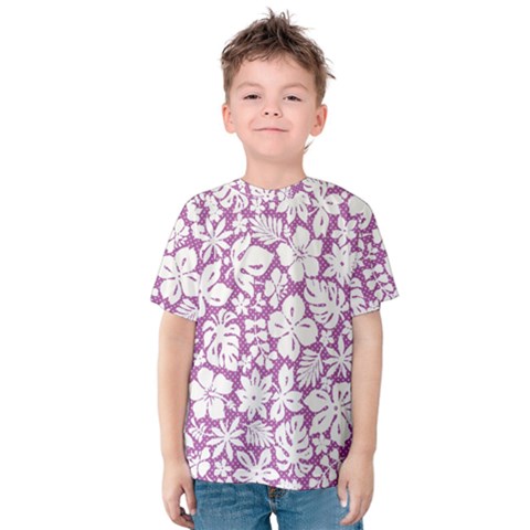 White Hawaiian Flowers On Purple Kids  Cotton Tee by AnkouArts