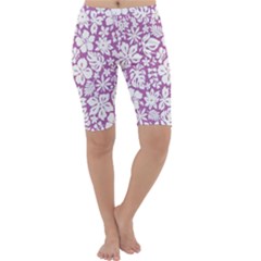 White Hawaiian Flowers On Purple Cropped Leggings  by AnkouArts