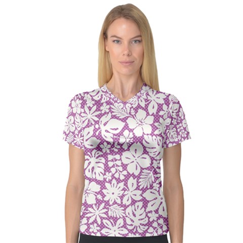 White Hawaiian Flowers On Purple V-neck Sport Mesh Tee by AnkouArts