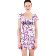 White Hawaiian Flowers On Purple Short Sleeve Bodycon Dress by AnkouArts