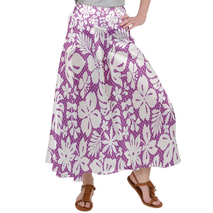 White Hawaiian flowers on purple Satin Palazzo Pants