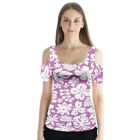 White Hawaiian Flowers On Purple Butterfly Sleeve Cutout Tee  by AnkouArts