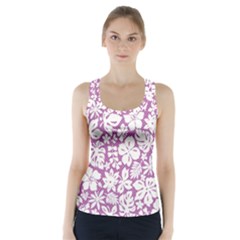 White Hawaiian Flowers On Purple Racer Back Sports Top by AnkouArts