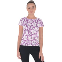 White Hawaiian Flowers On Purple Short Sleeve Sports Top  by AnkouArts