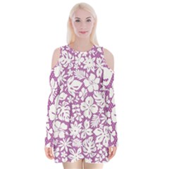 White Hawaiian Flowers On Purple Velvet Long Sleeve Shoulder Cutout Dress