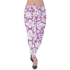 White Hawaiian Flowers On Purple Velvet Leggings