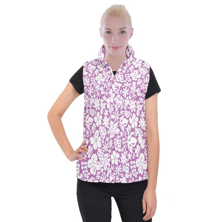 White Hawaiian flowers on purple Women s Button Up Vest