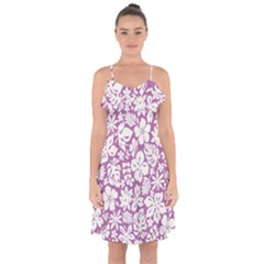 White Hawaiian Flowers On Purple Ruffle Detail Chiffon Dress by AnkouArts