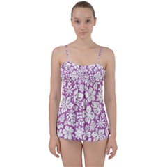 White Hawaiian Flowers On Purple Babydoll Tankini Set by AnkouArts