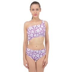 White Hawaiian Flowers On Purple Spliced Up Two Piece Swimsuit by AnkouArts