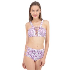 White Hawaiian Flowers On Purple Cage Up Bikini Set by AnkouArts